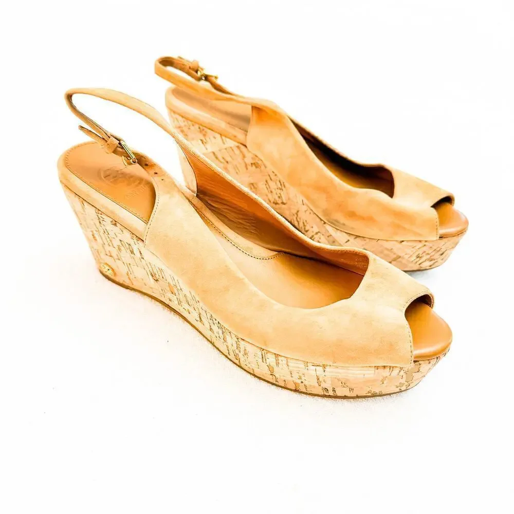 Tory Burch Tan Suede Peep Toe Wedge Slingback Sandals Size 8